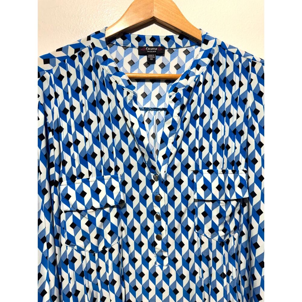 Cocomo popover shirt geometric blue casual coastal summer women 3X - Picture 4 of 7